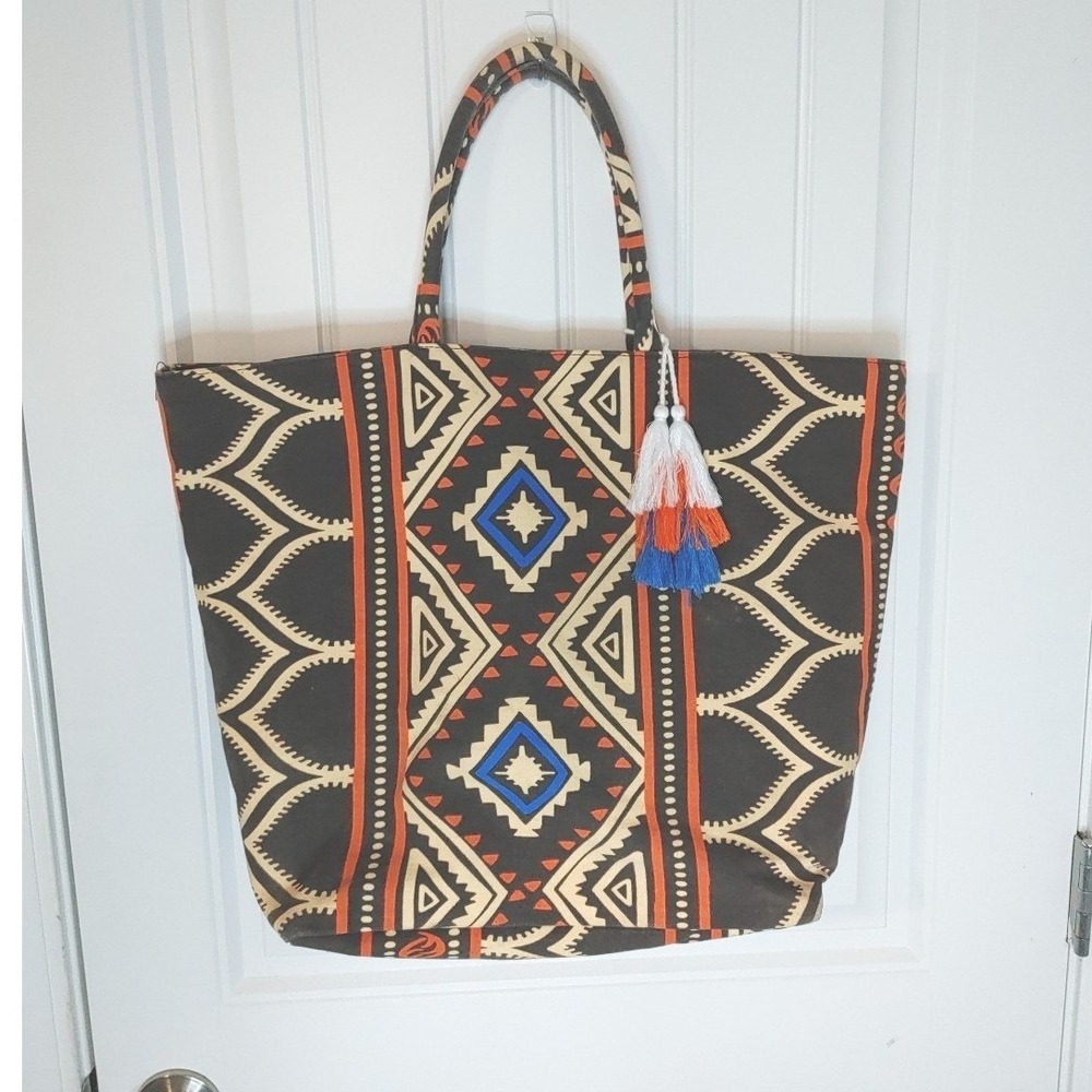 Women's Canvas Tribal Aztec Bohemian Weekend Tote Bag With Tassles 19W x14H